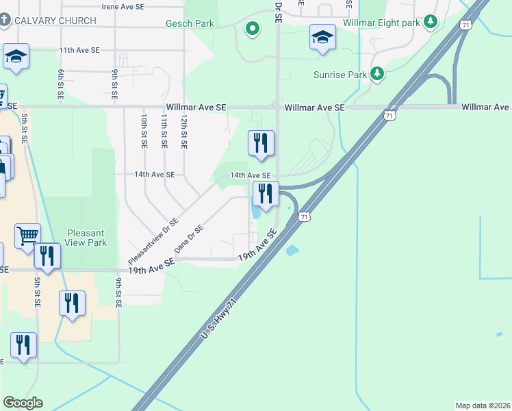 map of restaurants, bars, coffee shops, grocery stores, and more near 1601 15th Street Southeast in Willmar