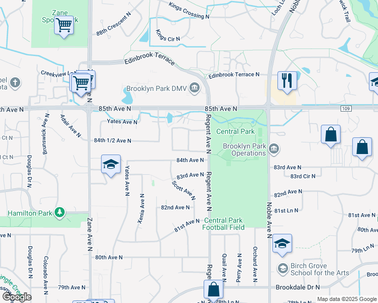 map of restaurants, bars, coffee shops, grocery stores, and more near 8417 Regent Avenue North in Minneapolis