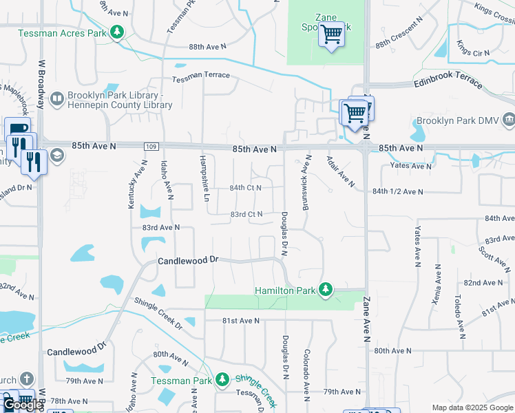 map of restaurants, bars, coffee shops, grocery stores, and more near 6418 83rd Court North in Minneapolis