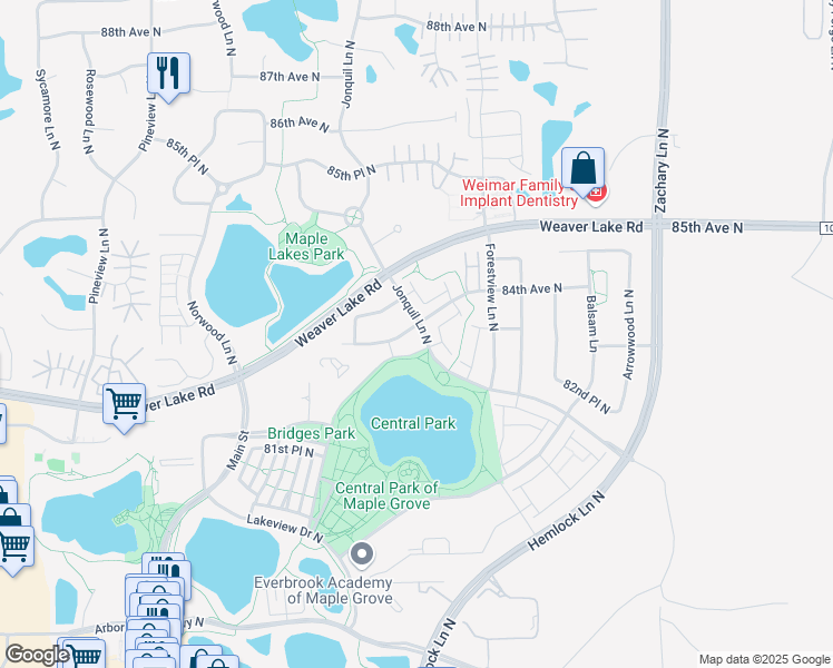 map of restaurants, bars, coffee shops, grocery stores, and more near 8387 Jonquil Lane North in Maple Grove