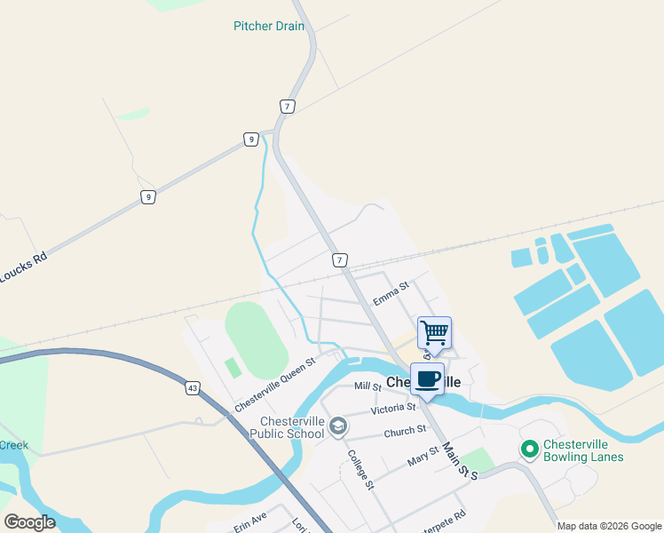 map of restaurants, bars, coffee shops, grocery stores, and more near 144 Main Street North in Chesterville