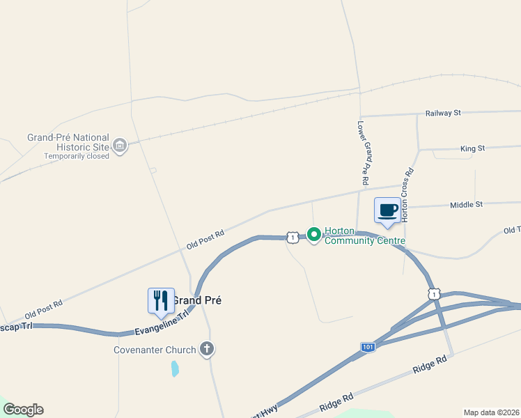 map of restaurants, bars, coffee shops, grocery stores, and more near Old Post Road in Kings County