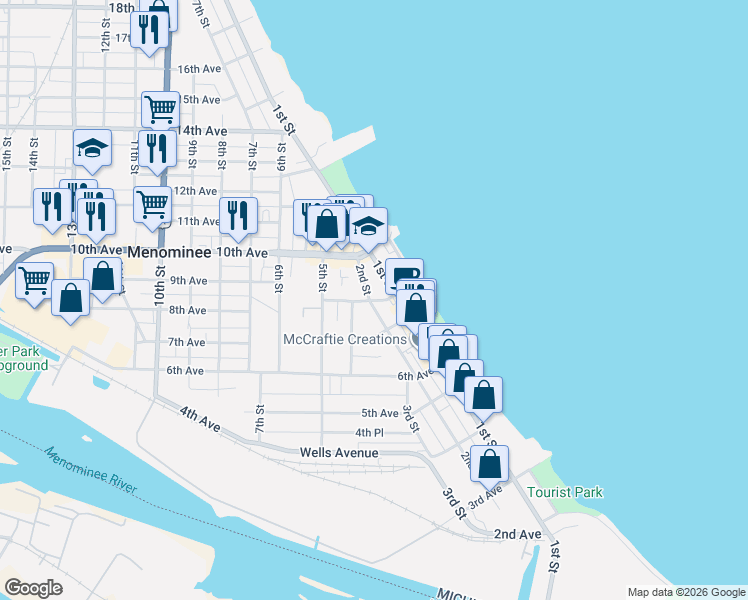 map of restaurants, bars, coffee shops, grocery stores, and more near 999 2nd Street in Menominee