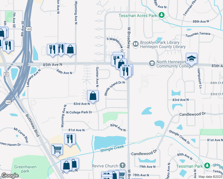 map of restaurants, bars, coffee shops, grocery stores, and more near 8332 Rhode Island Drive North in Minneapolis