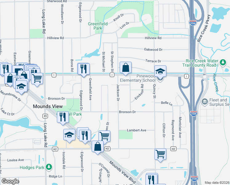 map of restaurants, bars, coffee shops, grocery stores, and more near 5445 Jackson Drive in Mounds View