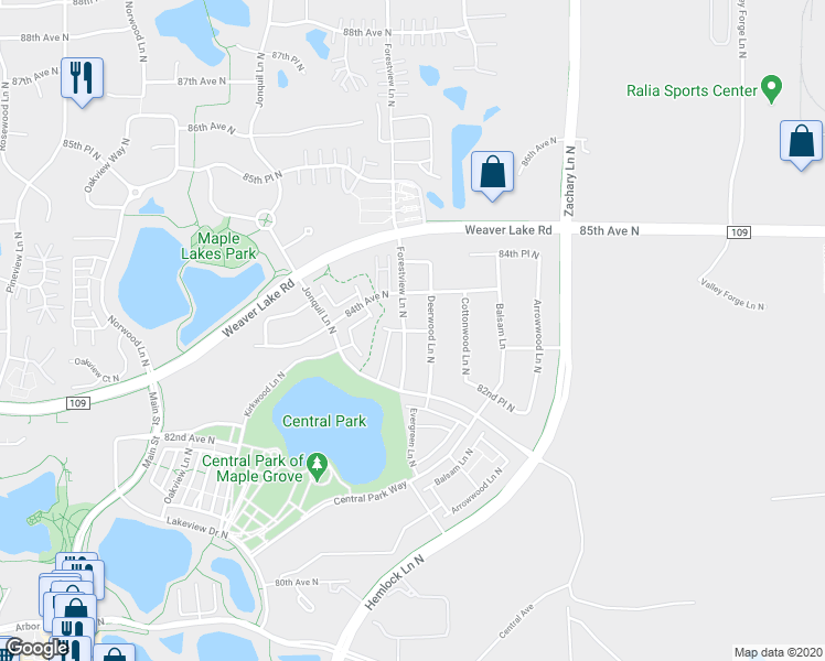 map of restaurants, bars, coffee shops, grocery stores, and more near 11700 83rd Place North in Maple Grove
