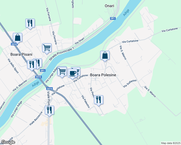 map of restaurants, bars, coffee shops, grocery stores, and more near 133A Via Curtatone in Boara Polesine