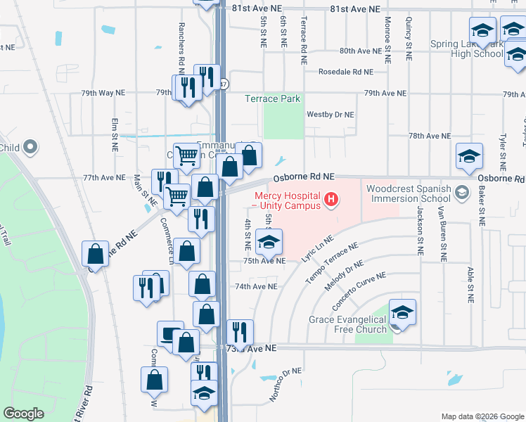 map of restaurants, bars, coffee shops, grocery stores, and more near 7574 5th Street Northeast in Fridley