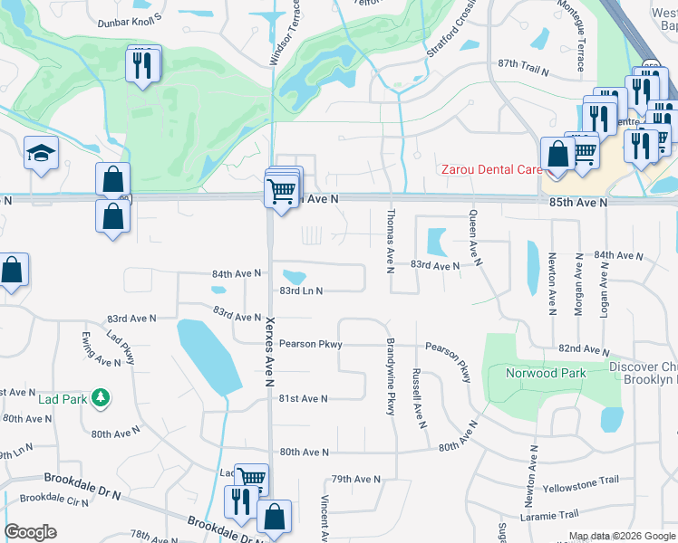 map of restaurants, bars, coffee shops, grocery stores, and more near 2801 84th Avenue North in Minneapolis