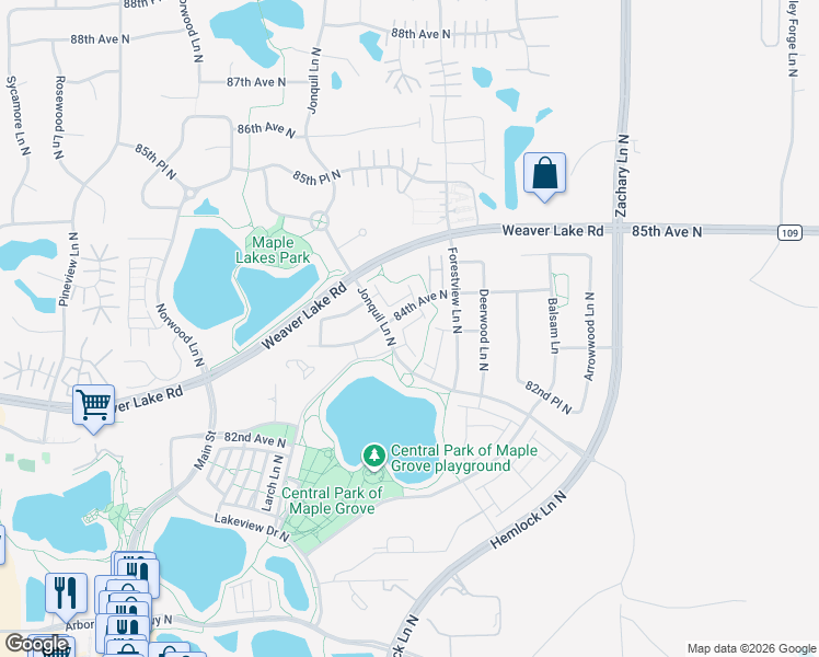 map of restaurants, bars, coffee shops, grocery stores, and more near 11849 83rd Terrace North in Maple Grove