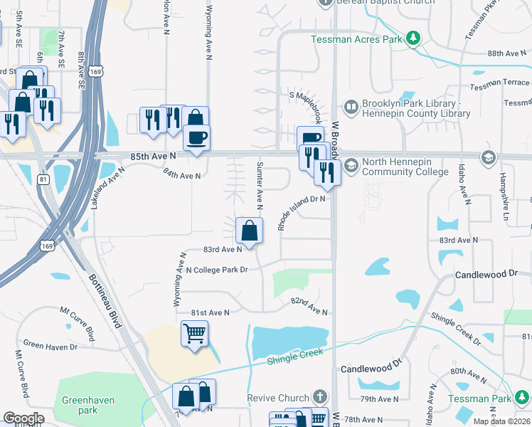 map of restaurants, bars, coffee shops, grocery stores, and more near 8332 Sumter Avenue North in Minneapolis