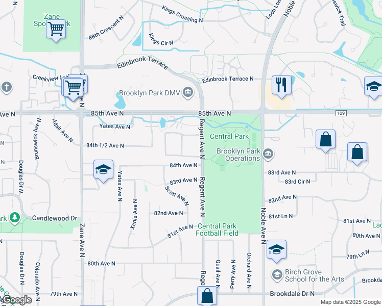 map of restaurants, bars, coffee shops, grocery stores, and more near 8417 Regent Avenue North in Minneapolis