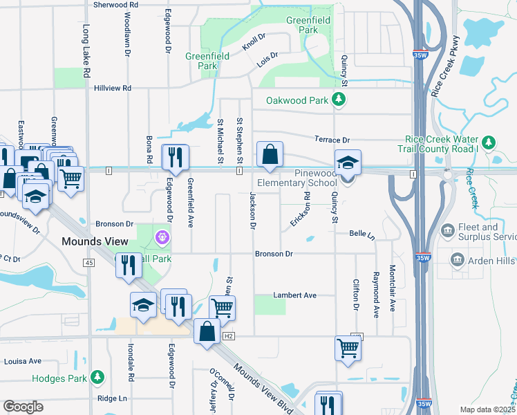 map of restaurants, bars, coffee shops, grocery stores, and more near 5468 Jackson Drive in Mounds View