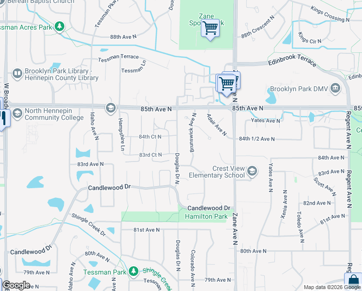 map of restaurants, bars, coffee shops, grocery stores, and more near 8320 Douglas Drive North in Minneapolis
