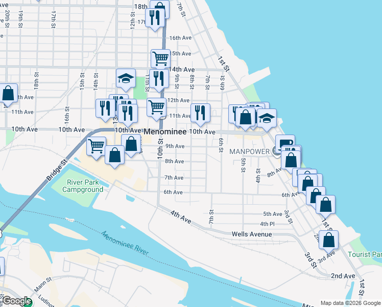 map of restaurants, bars, coffee shops, grocery stores, and more near 800 8th Street in Menominee