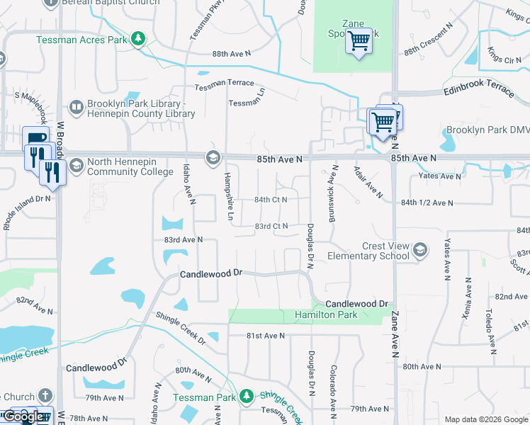 map of restaurants, bars, coffee shops, grocery stores, and more near 6521 84th Court North in Minneapolis