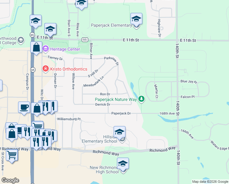 map of restaurants, bars, coffee shops, grocery stores, and more near 753 Ron Dr in New Richmond