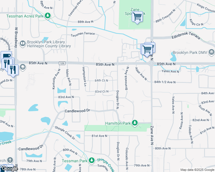 map of restaurants, bars, coffee shops, grocery stores, and more near 6418 83rd Court North in Minneapolis