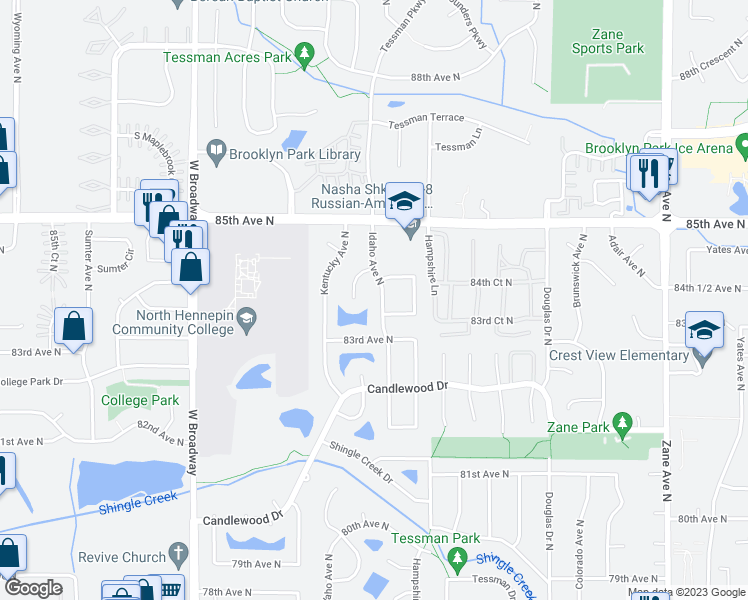 map of restaurants, bars, coffee shops, grocery stores, and more near 8341 Idaho Avenue North in Minneapolis
