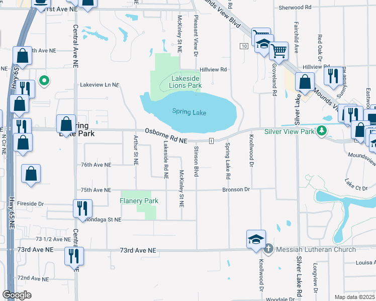 map of restaurants, bars, coffee shops, grocery stores, and more near 7624 Stinson Boulevard in Fridley