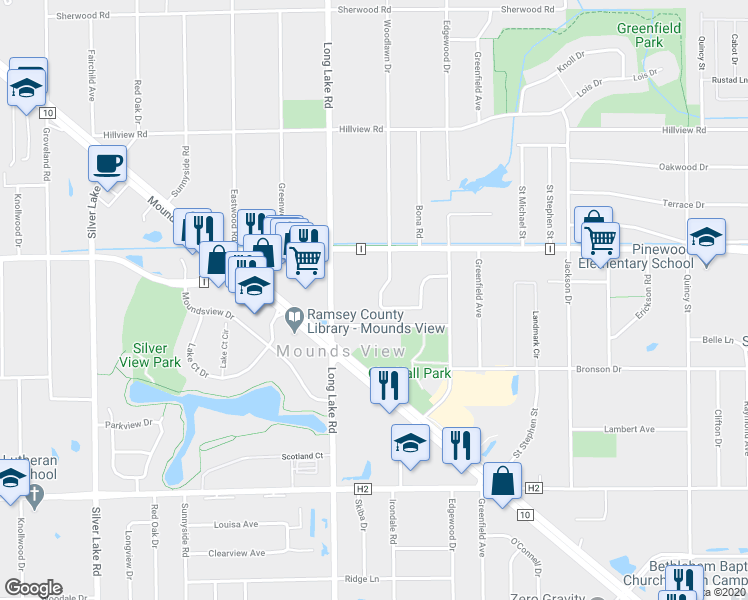 map of restaurants, bars, coffee shops, grocery stores, and more near 7660 Woodlawn Drive in Mounds View