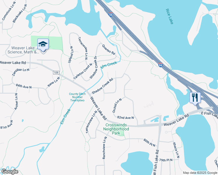 map of restaurants, bars, coffee shops, grocery stores, and more near 15393 Shadow Creek Road in Osseo