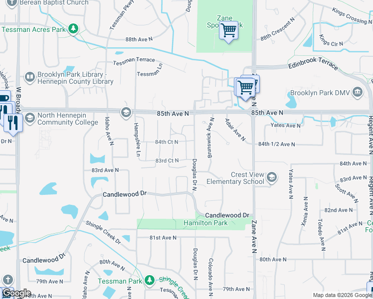 map of restaurants, bars, coffee shops, grocery stores, and more near 6418 83rd Court North in Minneapolis