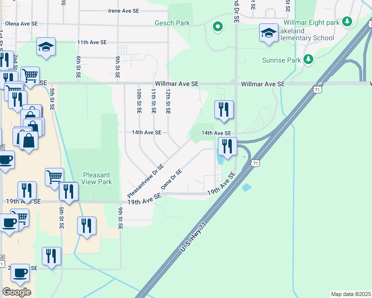 map of restaurants, bars, coffee shops, grocery stores, and more near 1204 Pleasantview Drive Southeast in Willmar