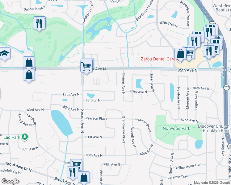 map of restaurants, bars, coffee shops, grocery stores, and more near 8338 Upton Avenue North in Brooklyn Park