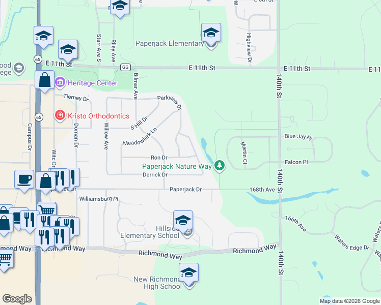 map of restaurants, bars, coffee shops, grocery stores, and more near 1403 Valley Creek Drive in New Richmond