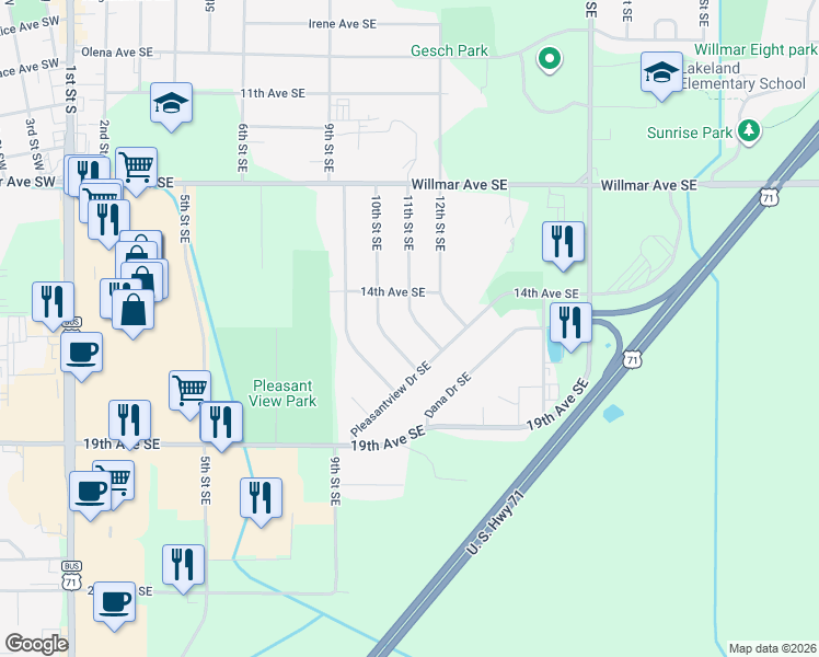 map of restaurants, bars, coffee shops, grocery stores, and more near 1500 11th Street Southeast in Willmar
