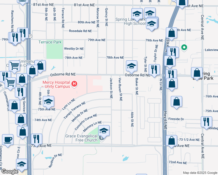 map of restaurants, bars, coffee shops, grocery stores, and more near 7618 Jackson Street Northeast in Fridley