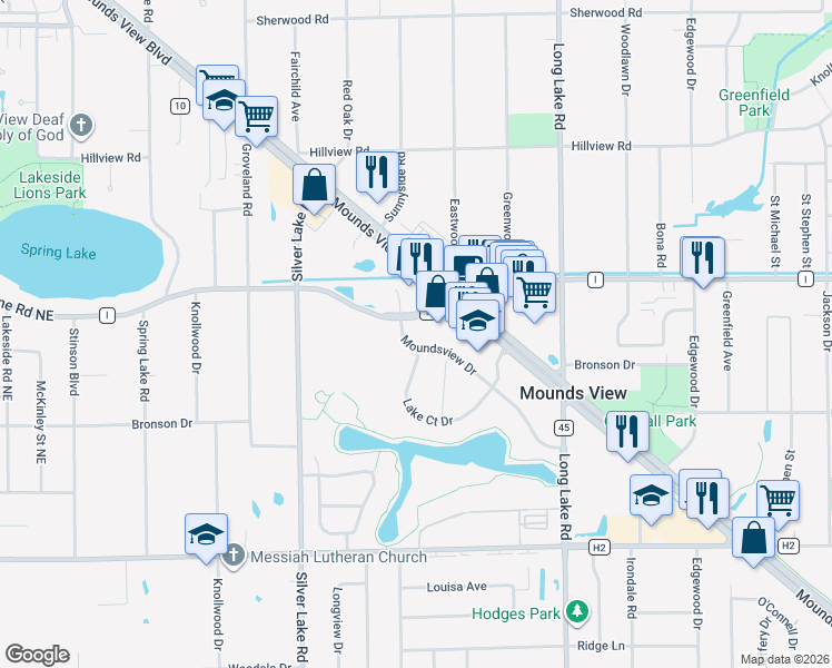 map of restaurants, bars, coffee shops, grocery stores, and more near 2670 County Road I in Mounds View