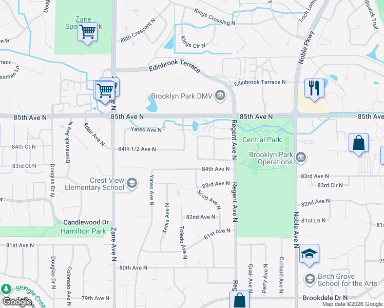 map of restaurants, bars, coffee shops, grocery stores, and more near 8402 Toledo Avenue North in Minneapolis