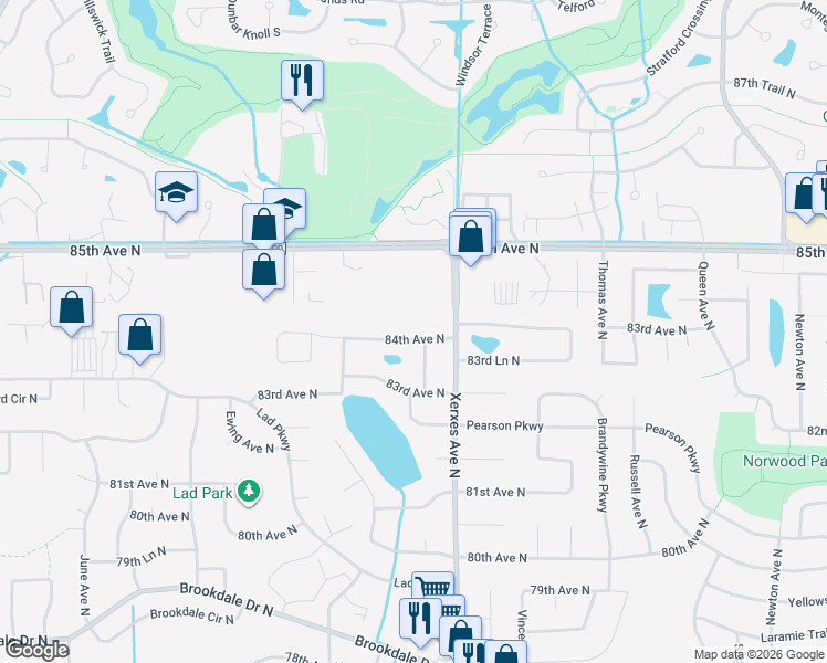 map of restaurants, bars, coffee shops, grocery stores, and more near 3128 84th Avenue North in Brooklyn Park