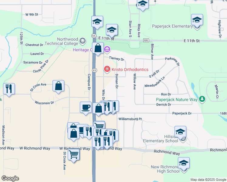 map of restaurants, bars, coffee shops, grocery stores, and more near 1397 Doman Drive in New Richmond