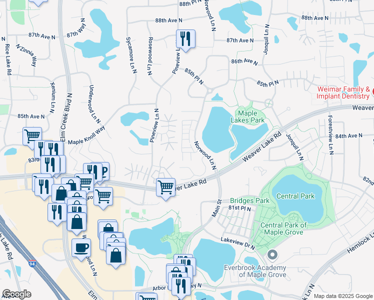 map of restaurants, bars, coffee shops, grocery stores, and more near 8307 Norwood Lane North in Maple Grove