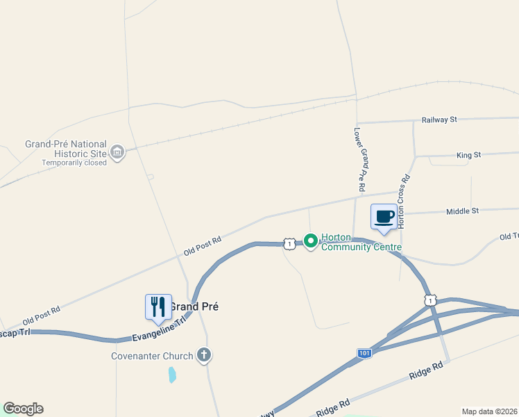 map of restaurants, bars, coffee shops, grocery stores, and more near 273 Old Post Road in Grand Pré