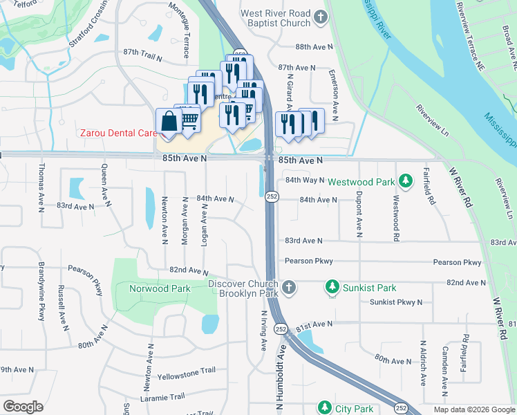 map of restaurants, bars, coffee shops, grocery stores, and more near 1508 84th Avenue North in Minneapolis