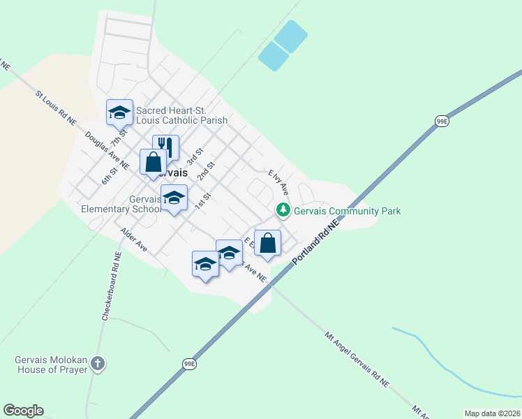 map of restaurants, bars, coffee shops, grocery stores, and more near 246 East Hemlock Drive in Gervais