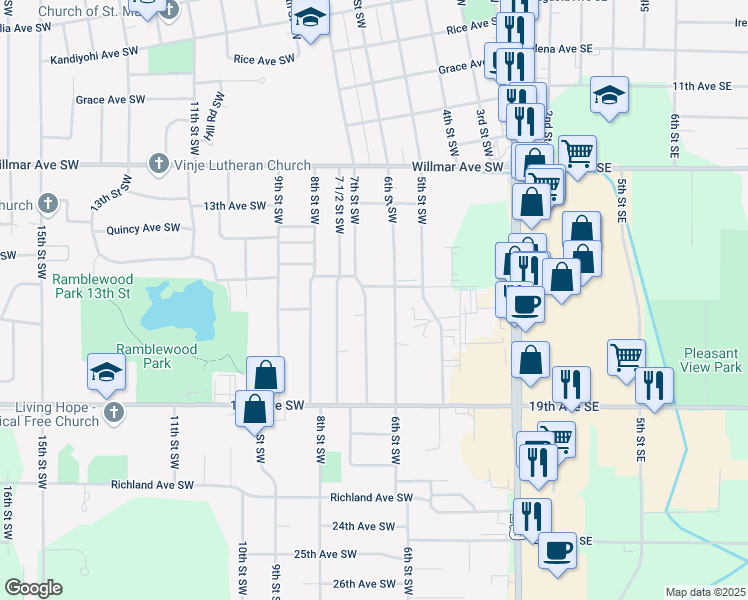 map of restaurants, bars, coffee shops, grocery stores, and more near 1505 7th Street Southwest in Willmar
