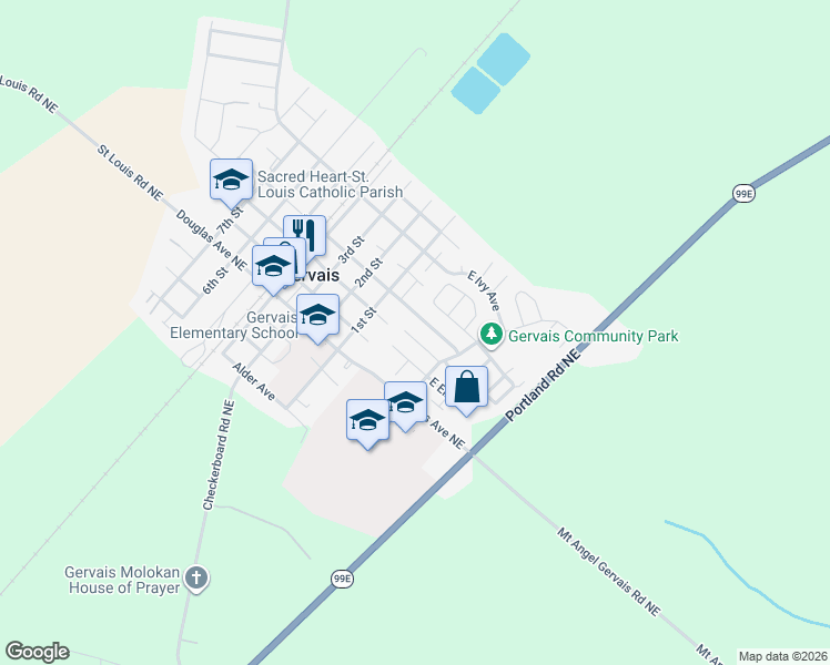 map of restaurants, bars, coffee shops, grocery stores, and more near 169 East Fir Drive in Gervais
