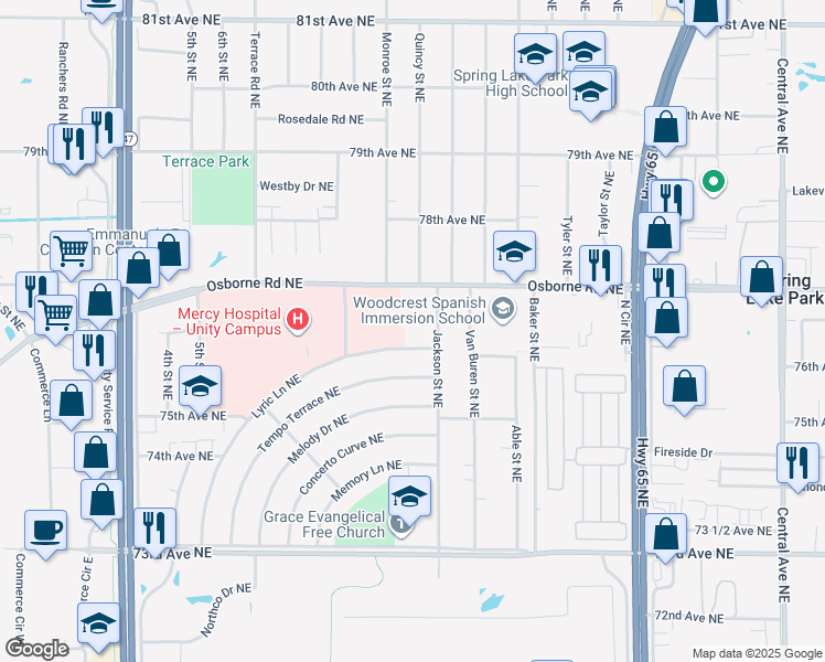 map of restaurants, bars, coffee shops, grocery stores, and more near 7618 Jackson Street Northeast in Fridley