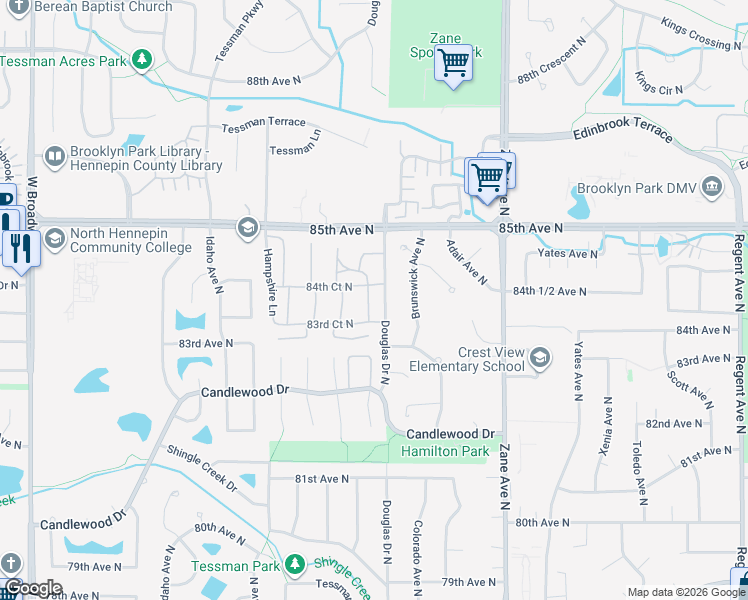 map of restaurants, bars, coffee shops, grocery stores, and more near 8320 Douglas Drive North in Minneapolis