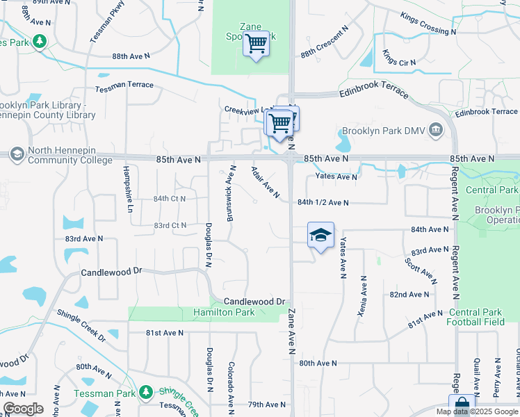 map of restaurants, bars, coffee shops, grocery stores, and more near 8432 Brunswick Court North in Minneapolis