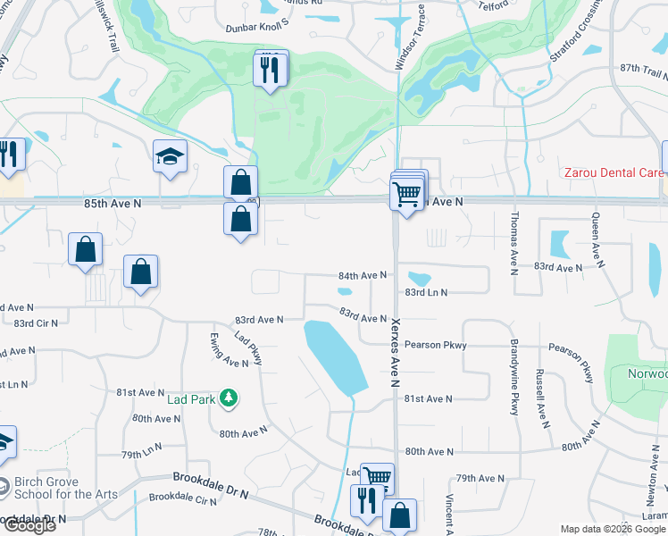 map of restaurants, bars, coffee shops, grocery stores, and more near 3236 84th Avenue North in Brooklyn Park