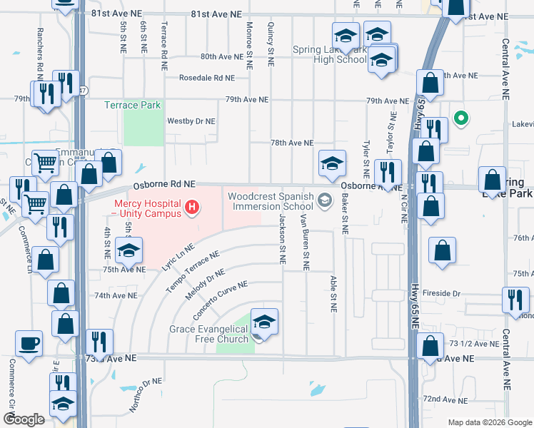 map of restaurants, bars, coffee shops, grocery stores, and more near 7618 Jackson Street Northeast in Fridley