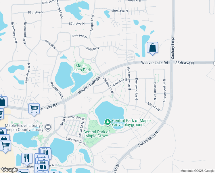 map of restaurants, bars, coffee shops, grocery stores, and more near 8397 Jonquil Lane North in Maple Grove