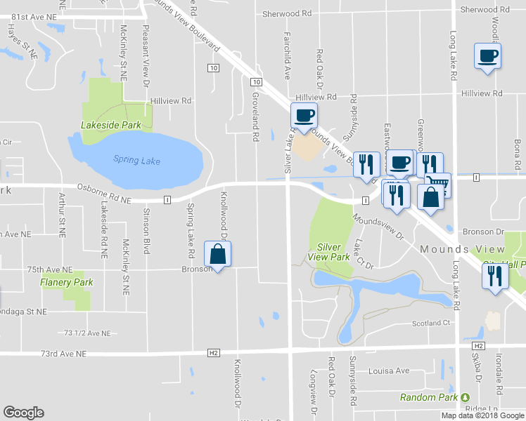 map of restaurants, bars, coffee shops, grocery stores, and more near 7635 Groveland Road in Mounds View
