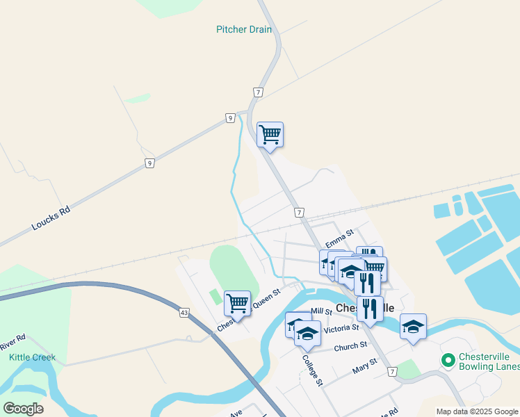 map of restaurants, bars, coffee shops, grocery stores, and more near 38 Howard Street in Chesterville